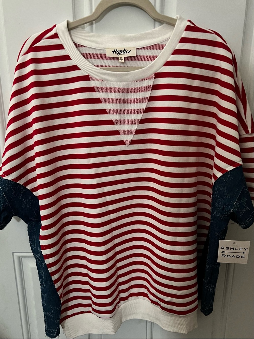 Haptics Red & White Striped Top with Navy Side Panels